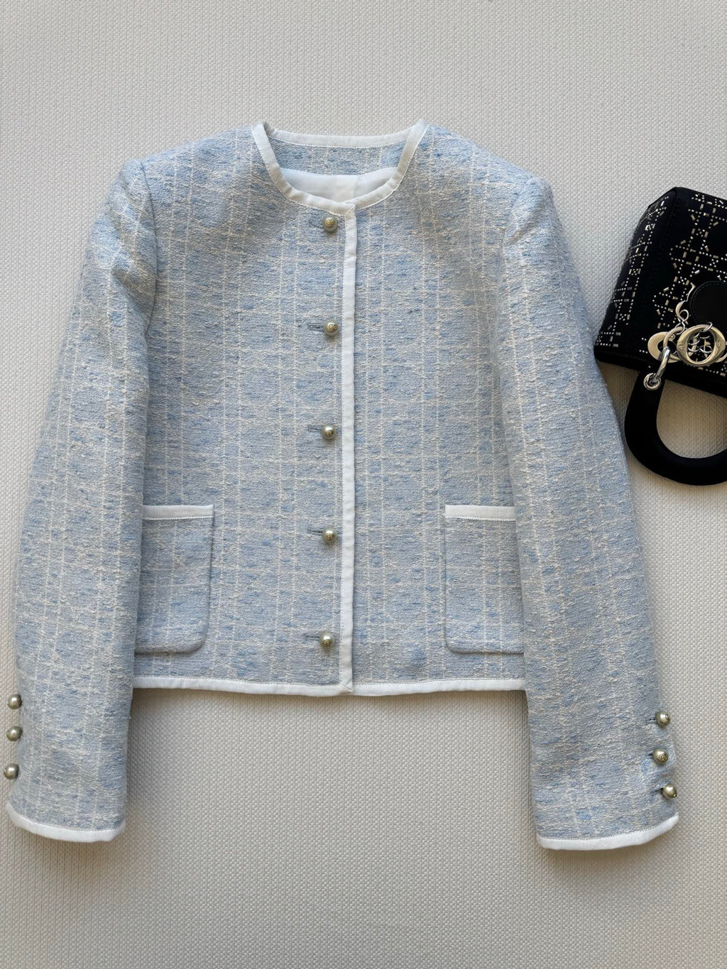 New limited edition Glacier Blue rattan check classic boxy round-neck blazer.