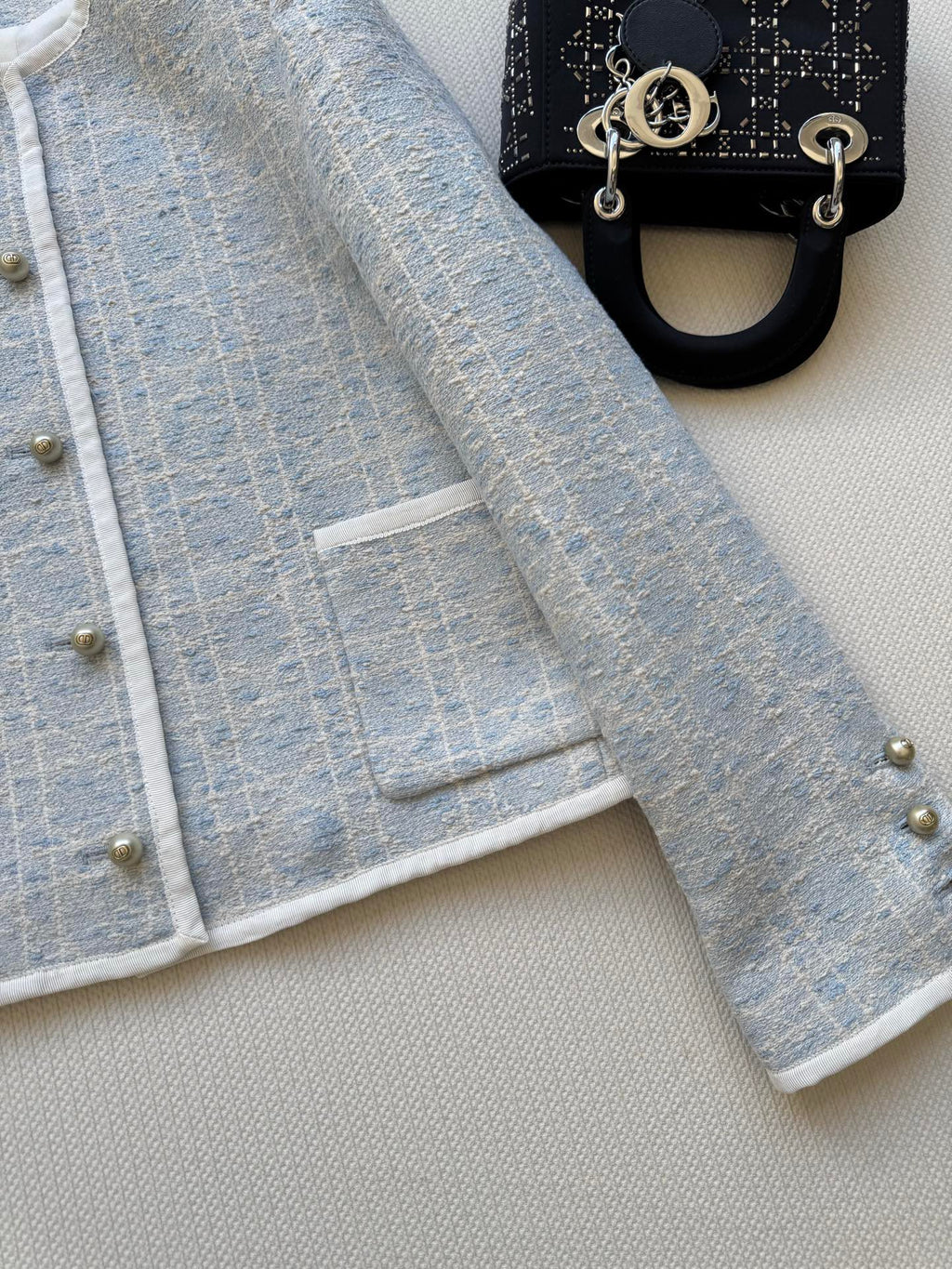 New limited edition Glacier Blue rattan check classic boxy round-neck blazer.