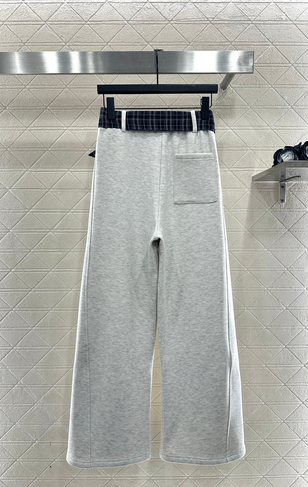 Fleece-lined Plaid Wide-Leg Trousers with Belt