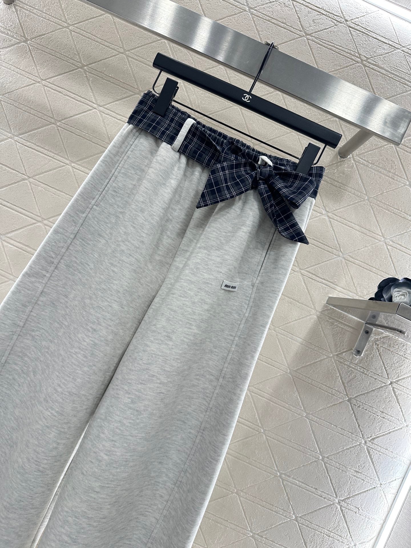 Fleece-lined Plaid Wide-Leg Trousers with Belt