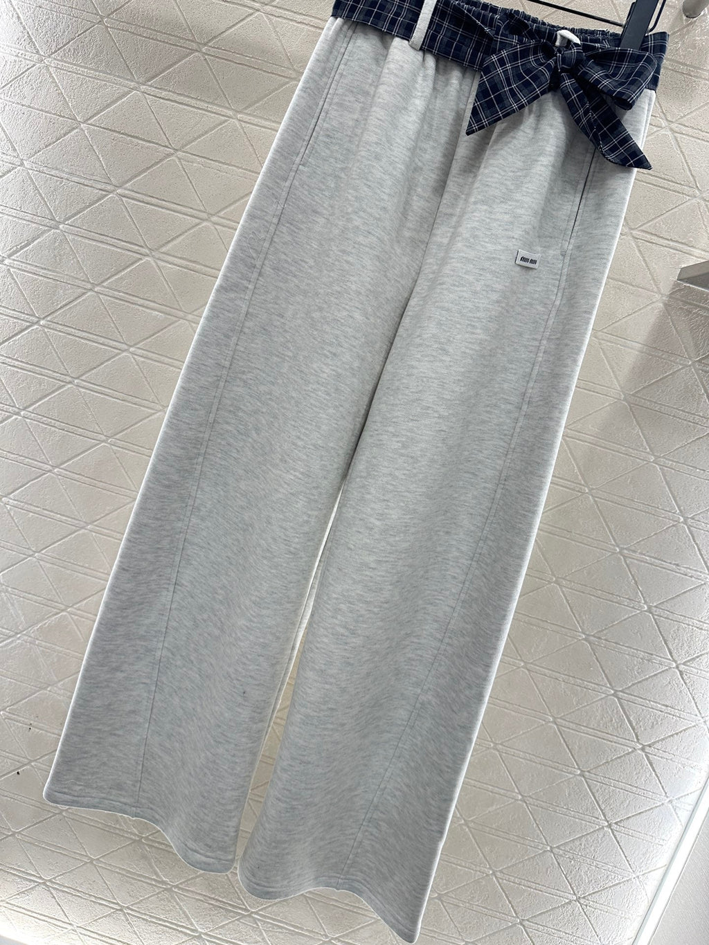 Fleece-lined Plaid Wide-Leg Trousers with Belt