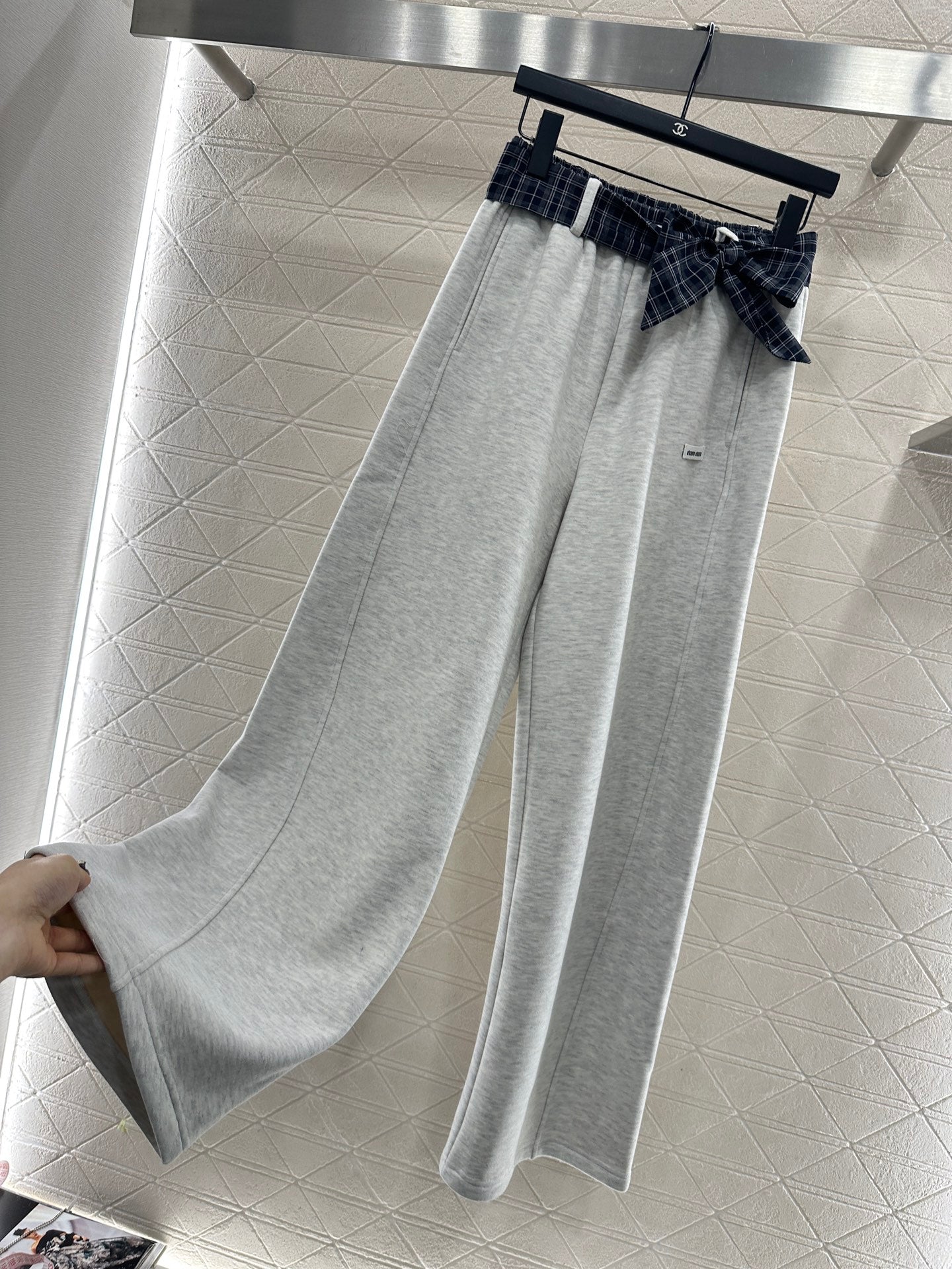 Fleece-lined Plaid Wide-Leg Trousers with Belt