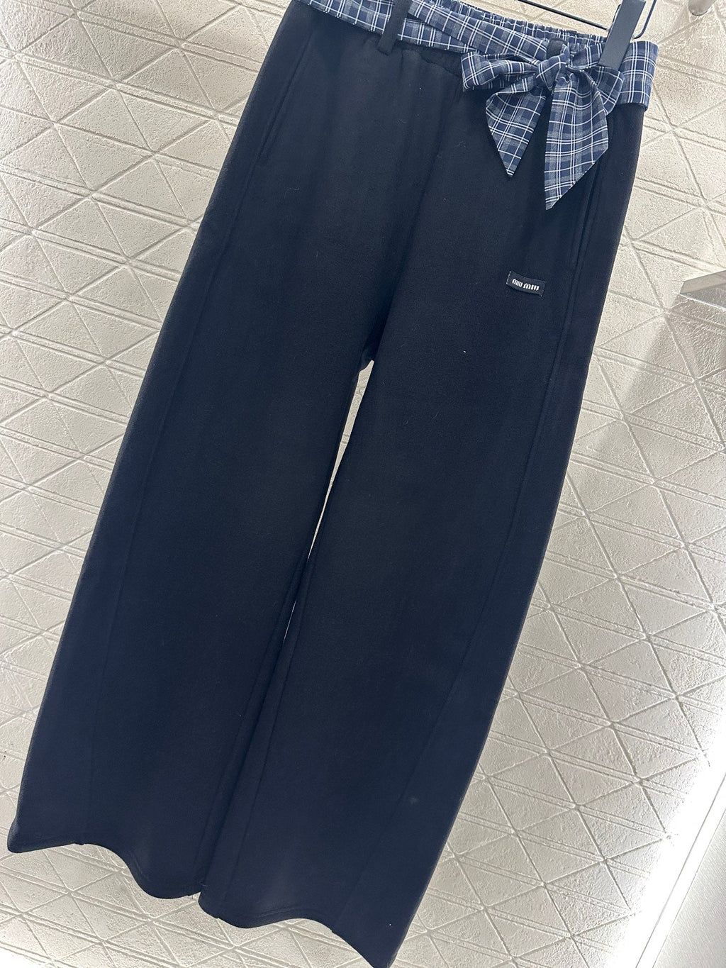 Fleece-lined Plaid Wide-Leg Trousers with Belt