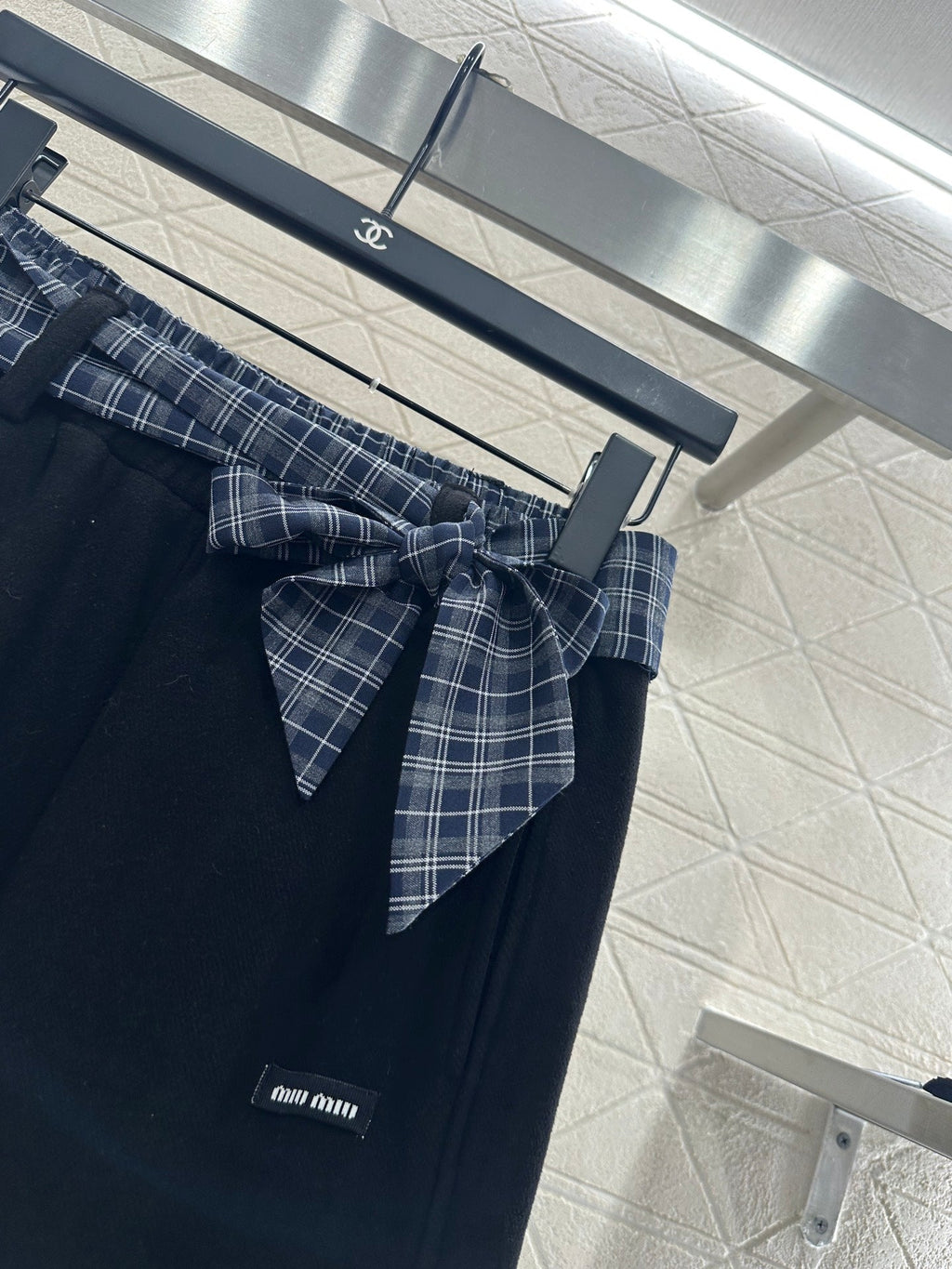 Fleece-lined Plaid Wide-Leg Trousers with Belt