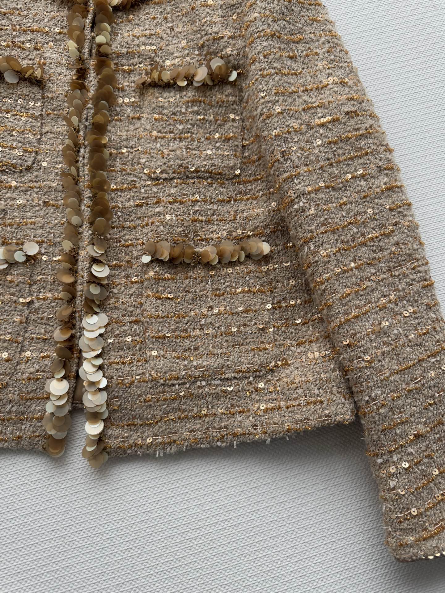 Gold sequined tweed Chanel-style jacket