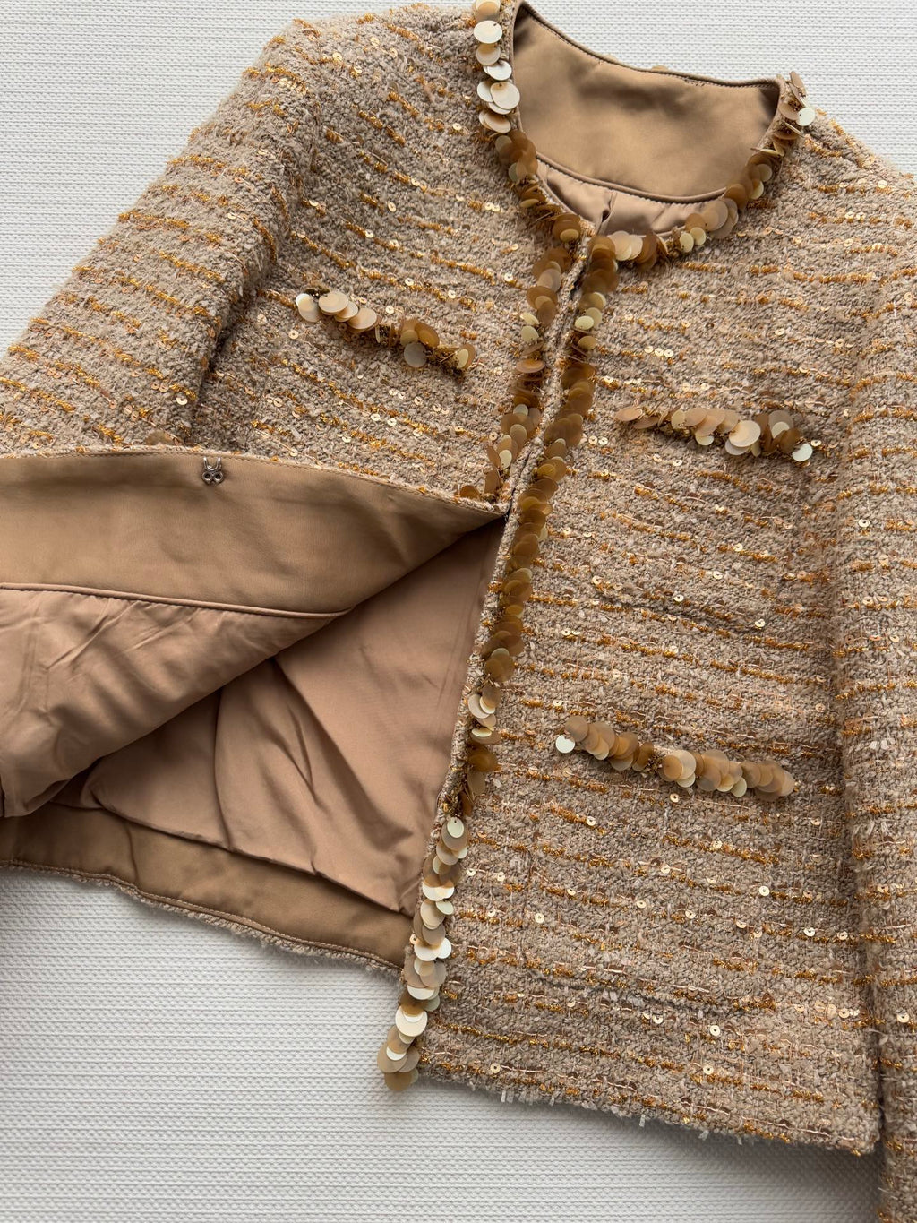 Gold sequined tweed Chanel-style jacket