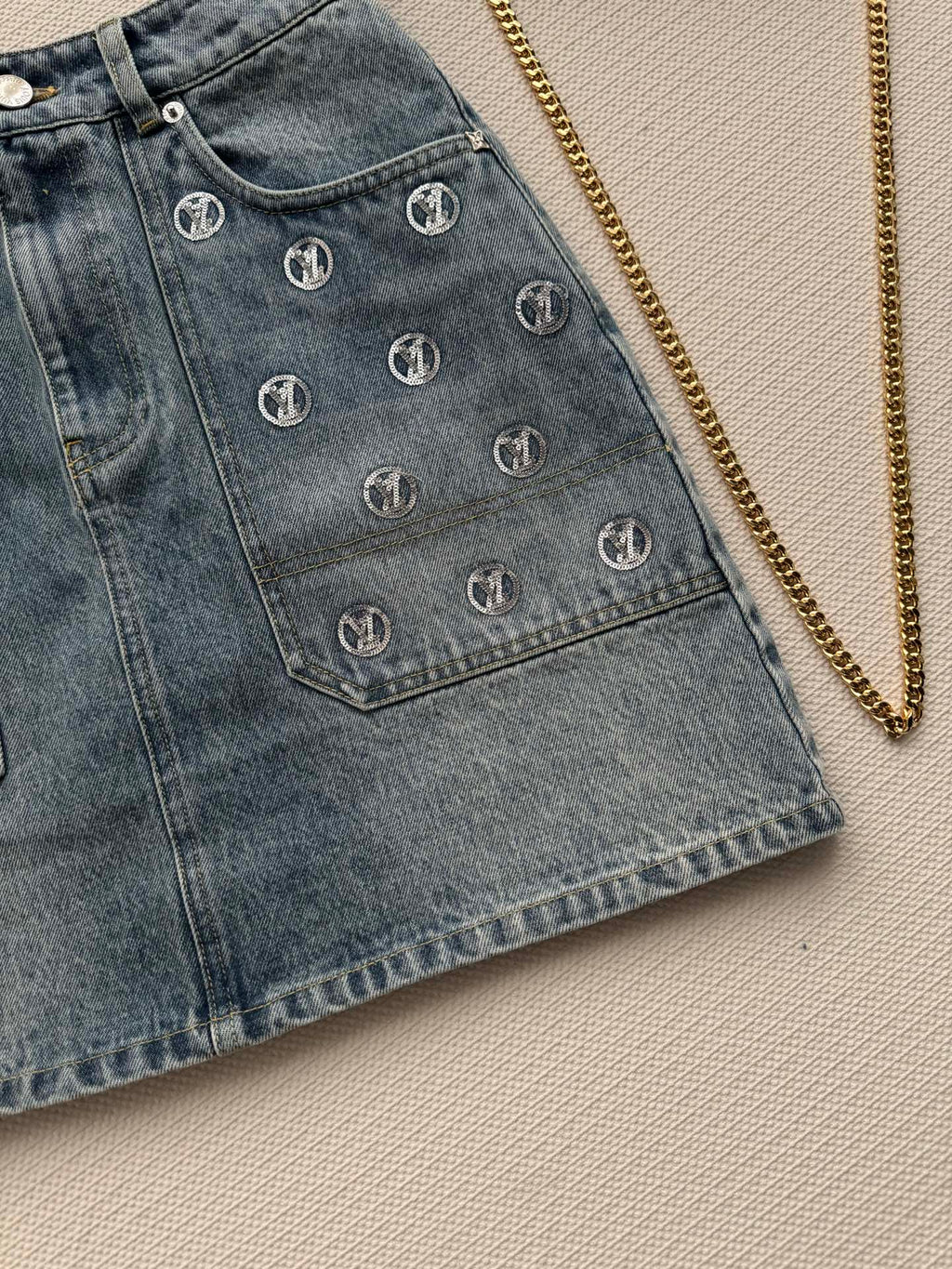 New sequined denim midi skirt