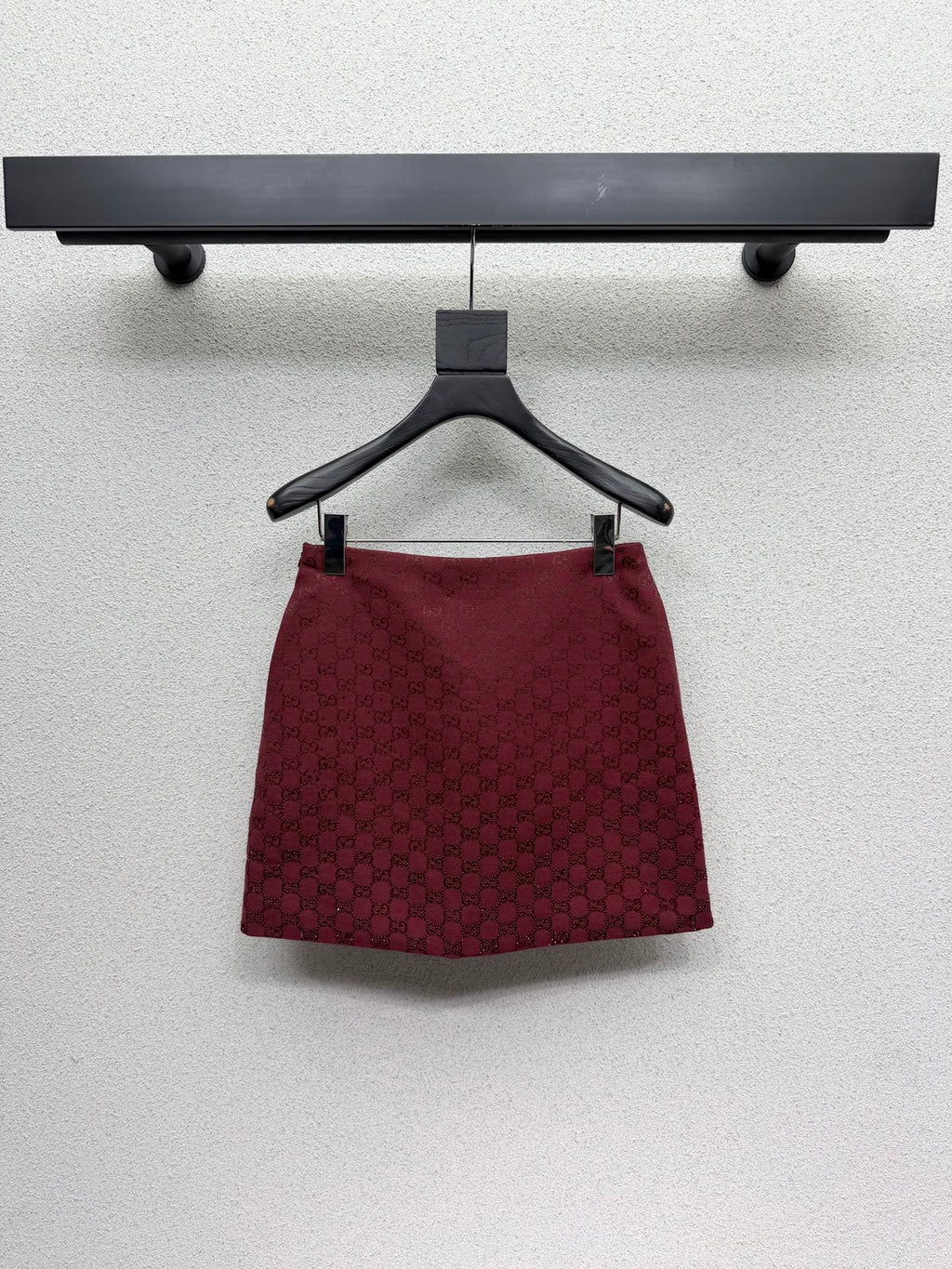 Red, heavily embellished, rhinestone-studded jacquard quilted midi skirt