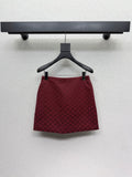 Red, heavily embellished, rhinestone-studded jacquard quilted midi skirt