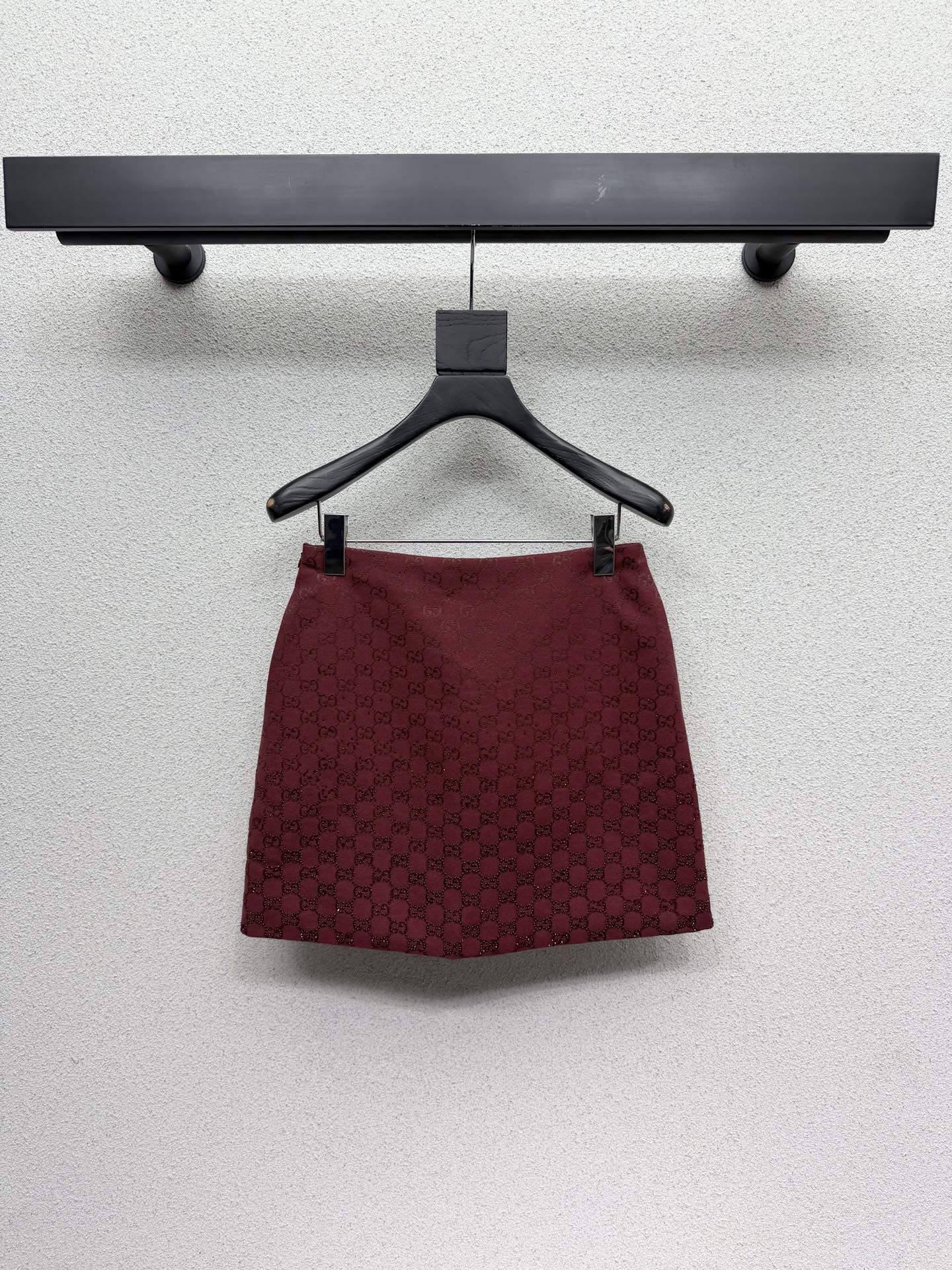 Red, heavily embellished, rhinestone-studded jacquard quilted midi skirt