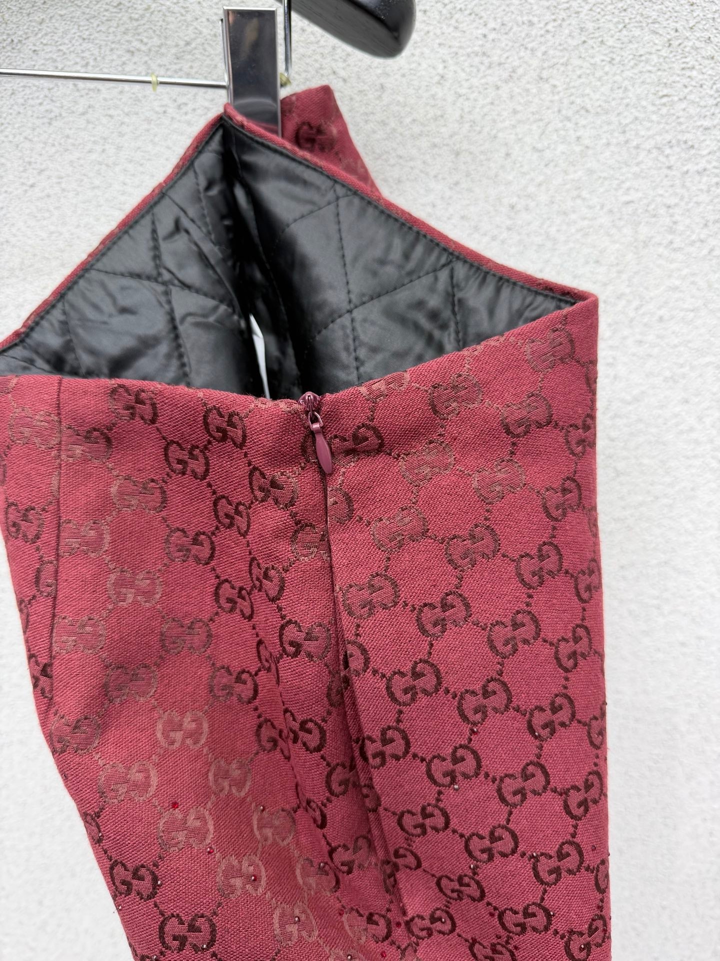 Red, heavily embellished, rhinestone-studded jacquard quilted midi skirt
