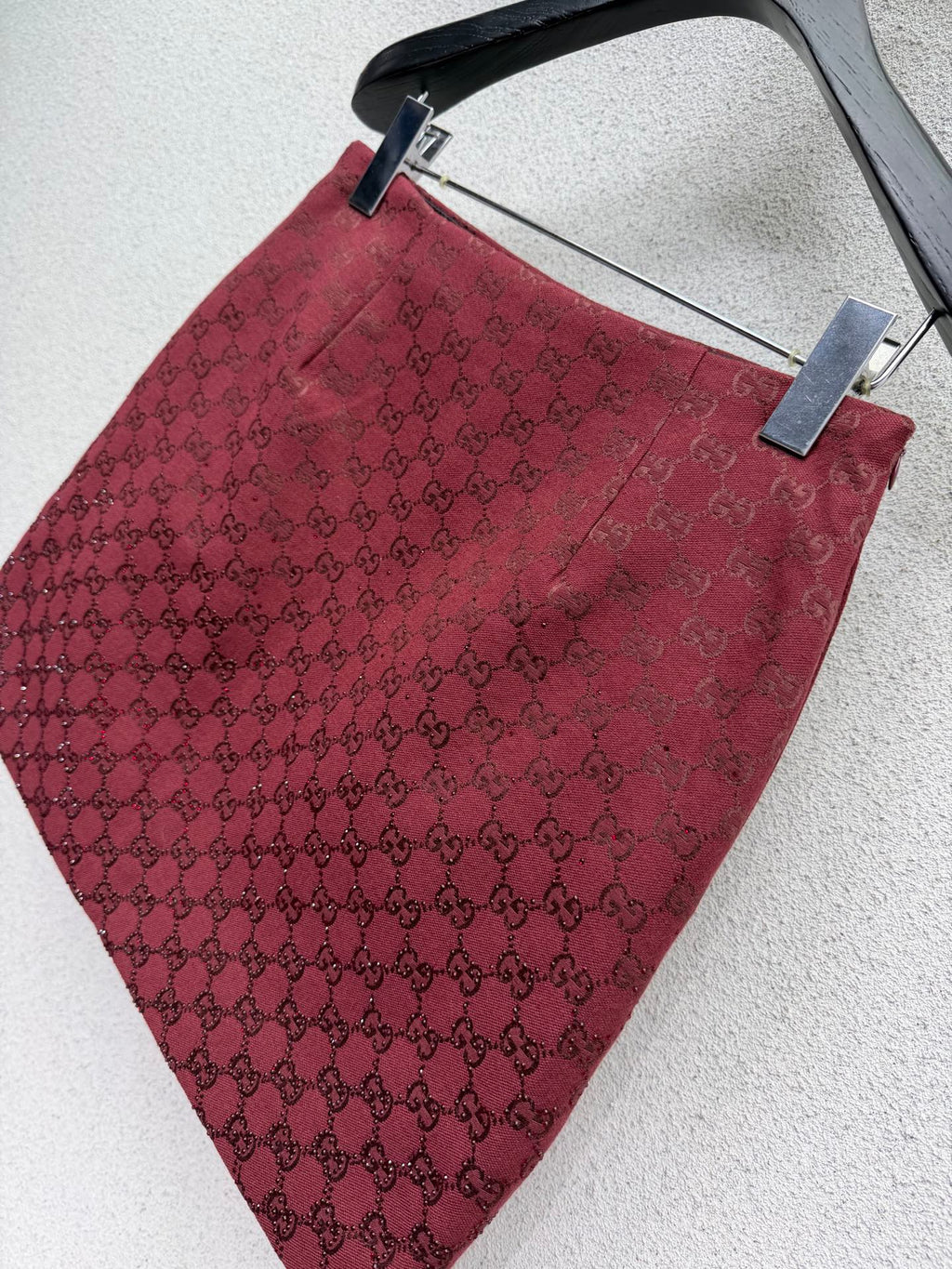Red, heavily embellished, rhinestone-studded jacquard quilted midi skirt