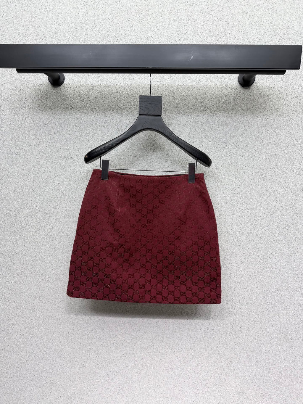 Red, heavily embellished, rhinestone-studded jacquard quilted midi skirt