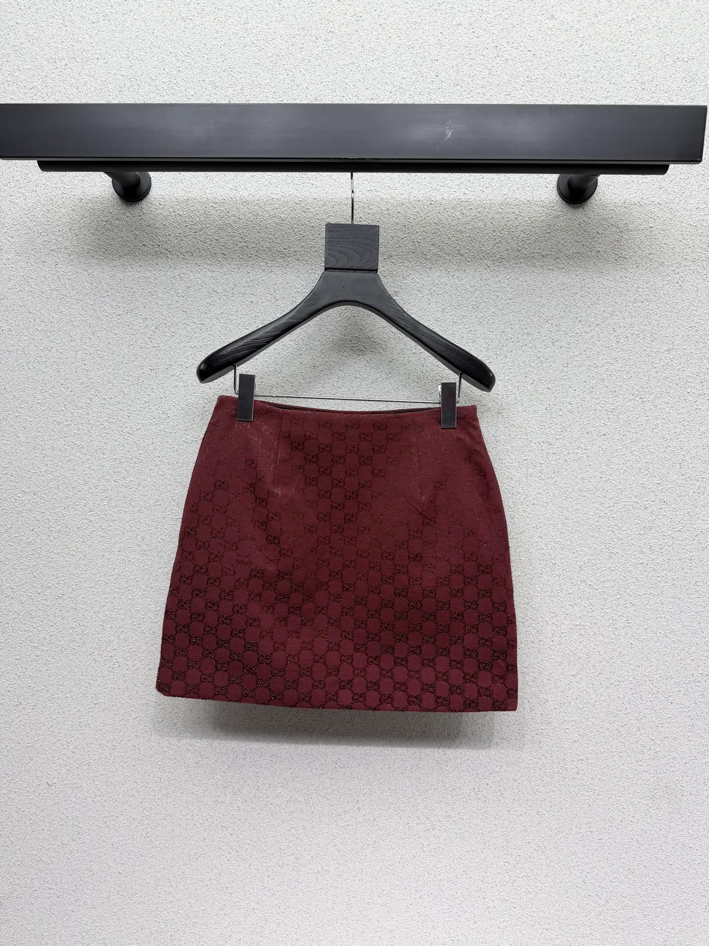 Red, heavily embellished, rhinestone-studded jacquard quilted midi skirt