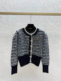 Color-blocked striped jacquard crew neck knit long-sleeved cardigan