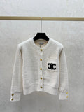Color-blocked letter embroidered round neck knit long-sleeved cardigan