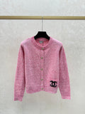 Color-blocked letter crew neck knit long-sleeved cardigan