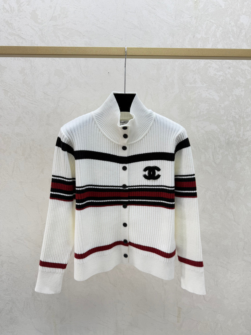 Color-blocked striped turtleneck knit long-sleeved cardigan