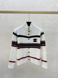 Color-blocked striped turtleneck knit long-sleeved cardigan