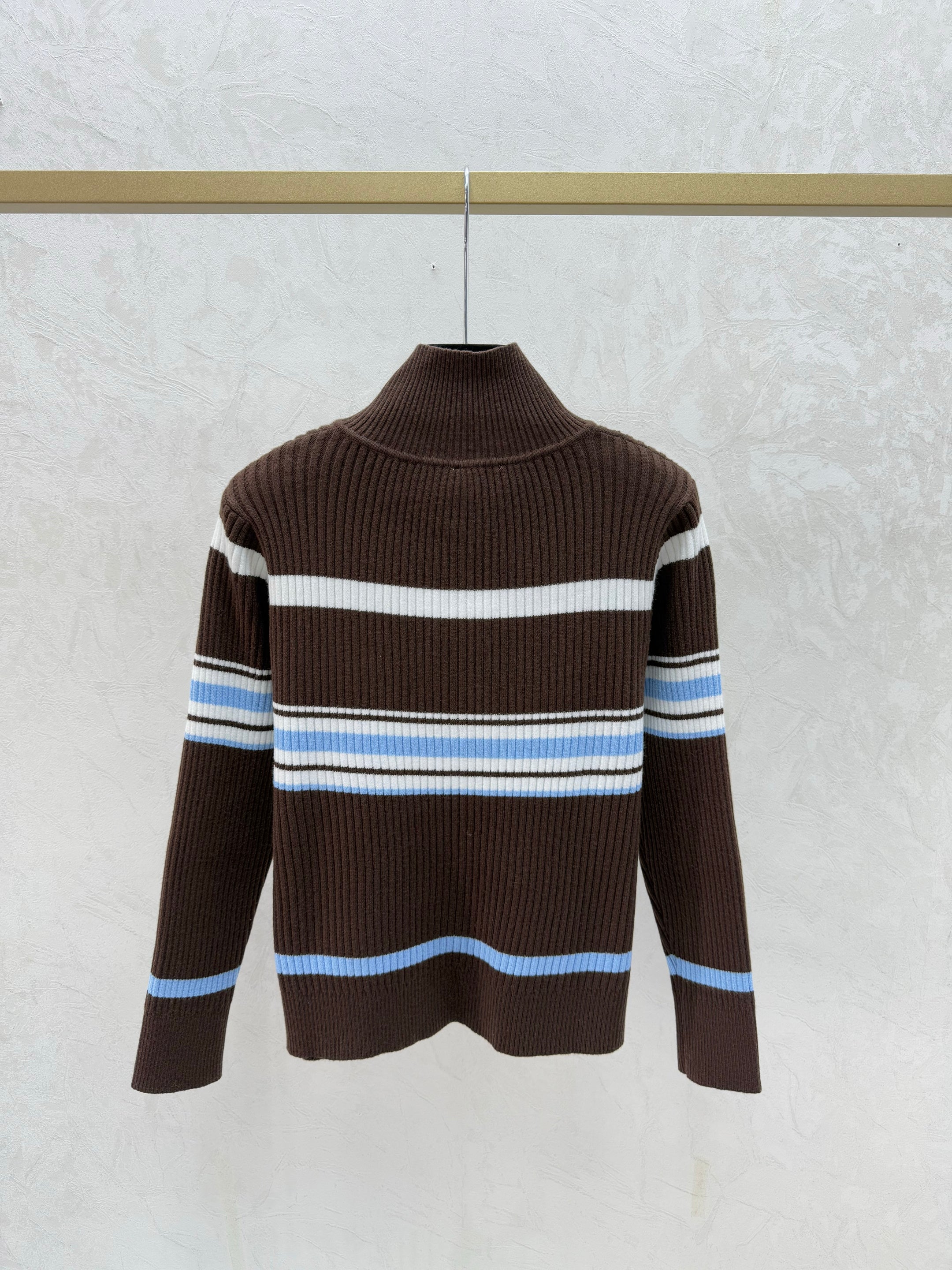 Color-blocked striped turtleneck knit long-sleeved cardigan
