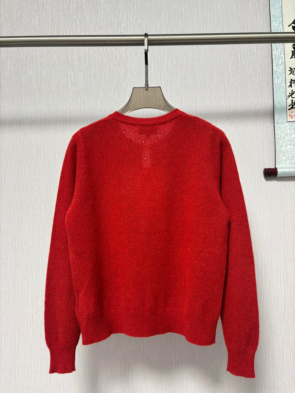 New round neck, letter logo, 3D jacquard, hot-stamped rhinestone button decoration, hollowed-out soft and comfortable casual knit long sleeve