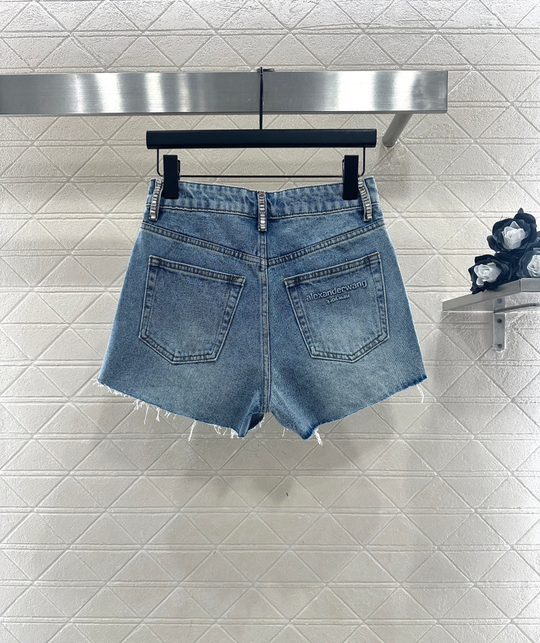 26NEW Denim shorts with rhinestones and bead embellishments