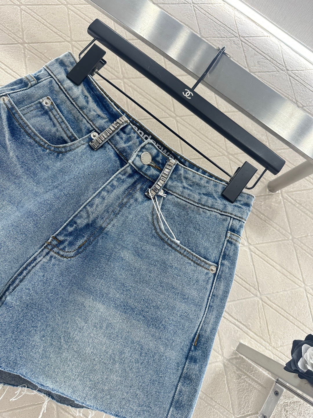 26NEW Denim shorts with rhinestones and bead embellishments