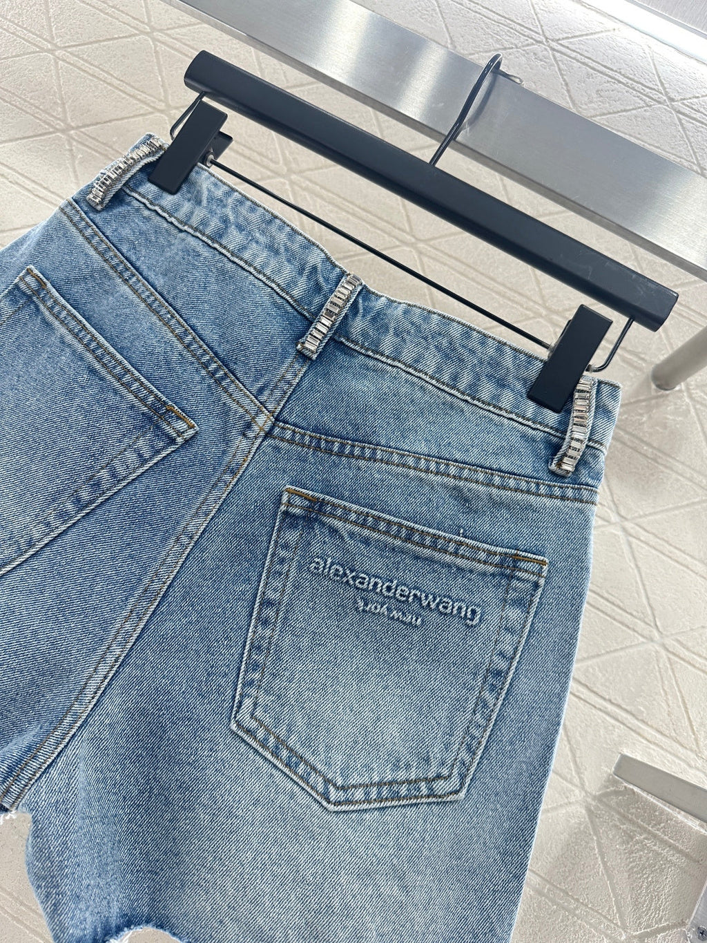 26NEW Denim shorts with rhinestones and bead embellishments