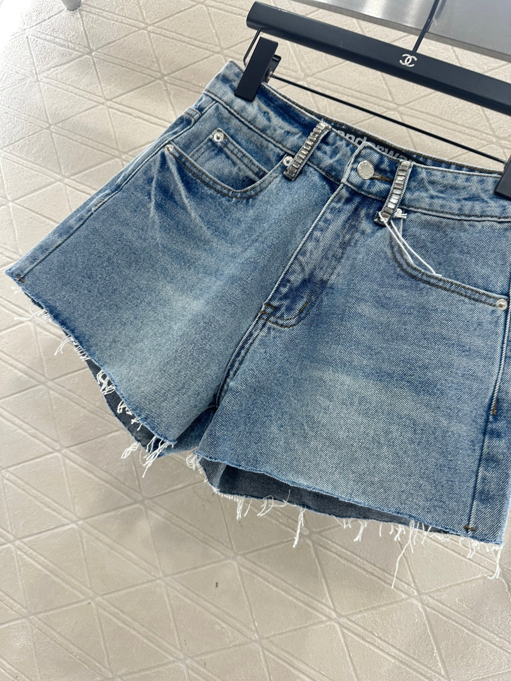 26NEW Denim shorts with rhinestones and bead embellishments