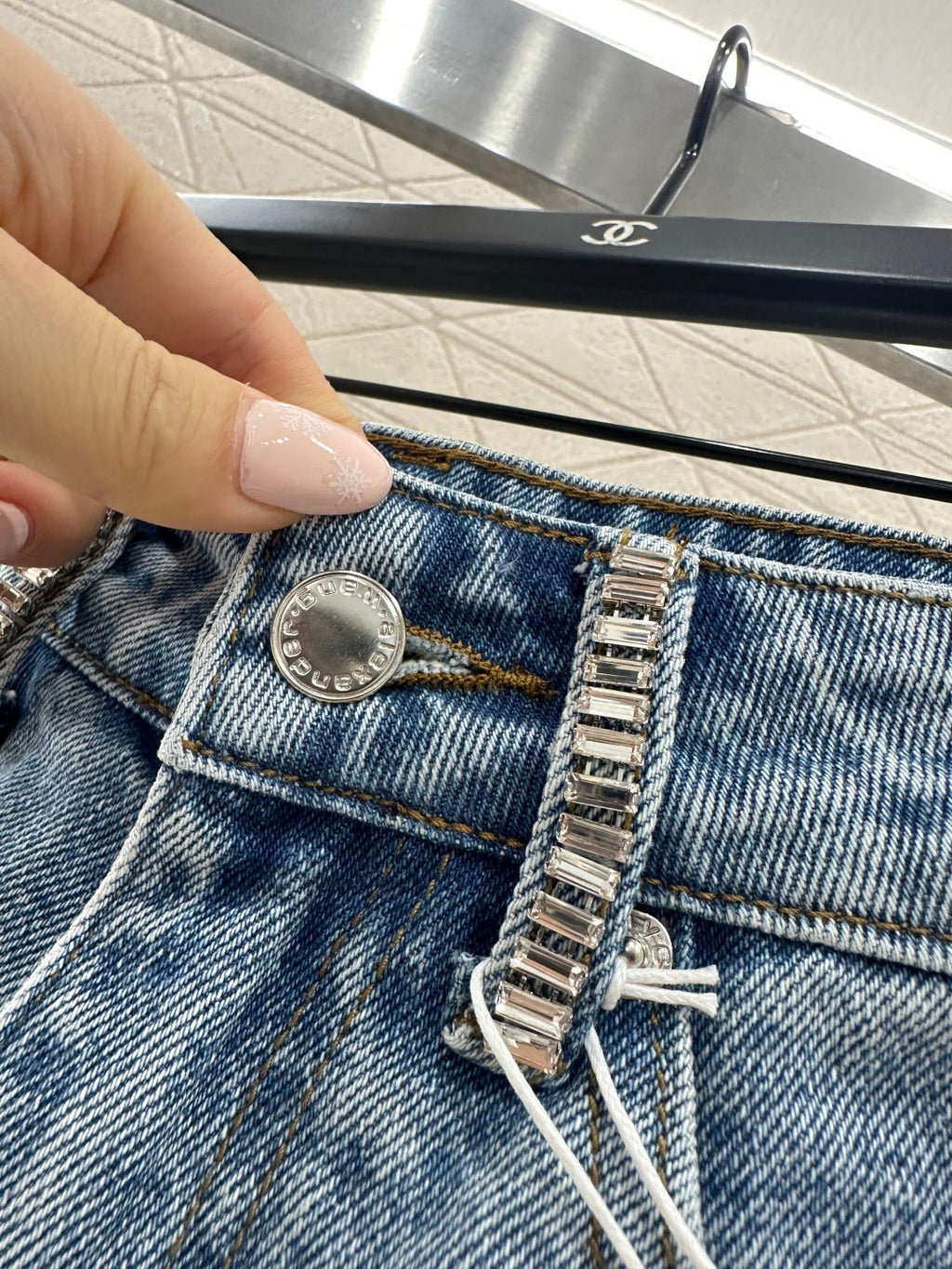 26NEW Denim shorts with rhinestones and bead embellishments