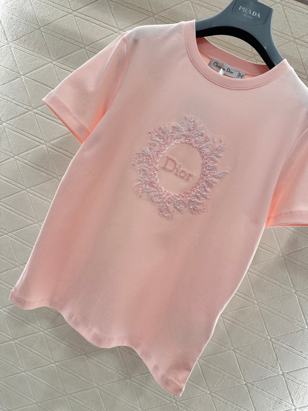 26NEW Crew Neck Embroidered Beaded Short Sleeve