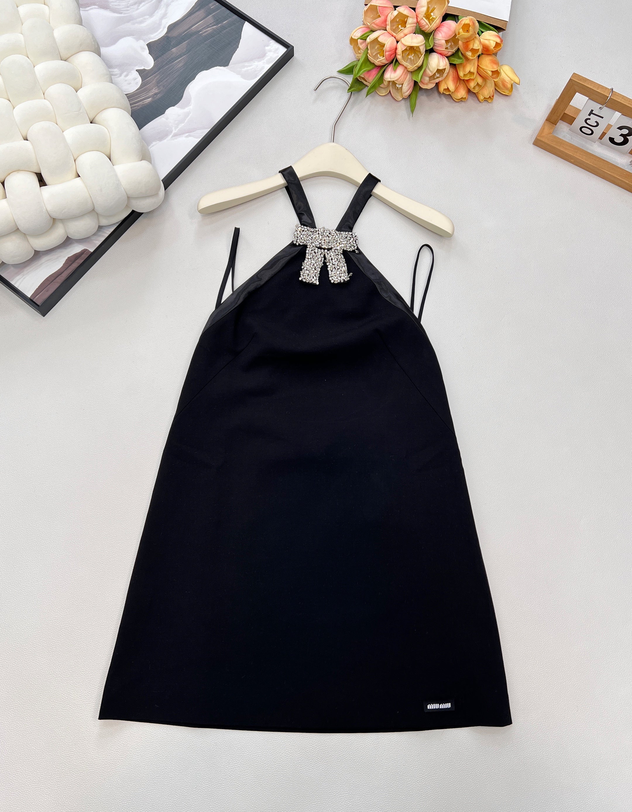 25Fw Autumn/Winter New Style Heavy-duty Bow Rhinestone Black Suspender Mini Dress