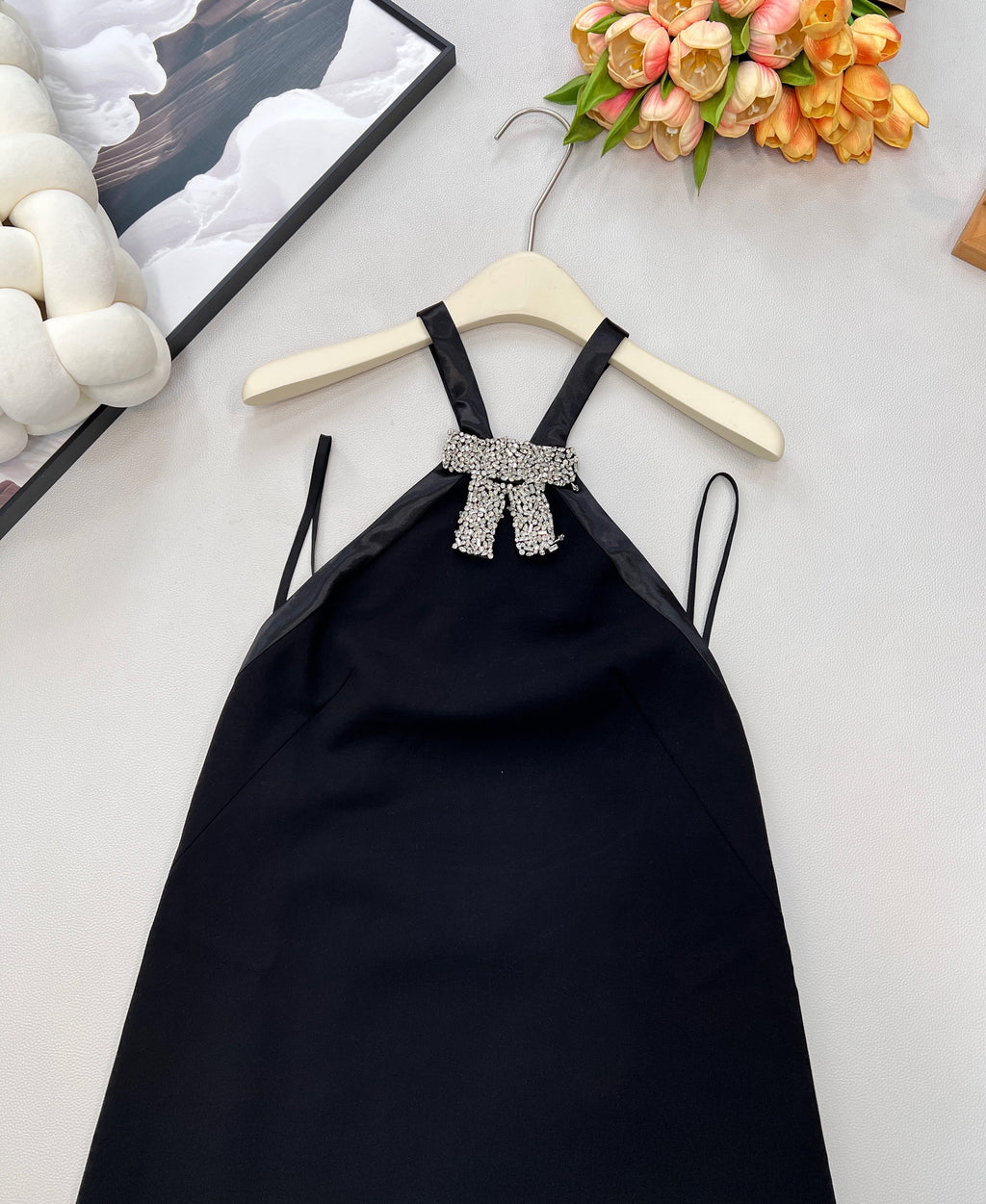 25Fw Autumn/Winter New Style Heavy-duty Bow Rhinestone Black Suspender Mini Dress