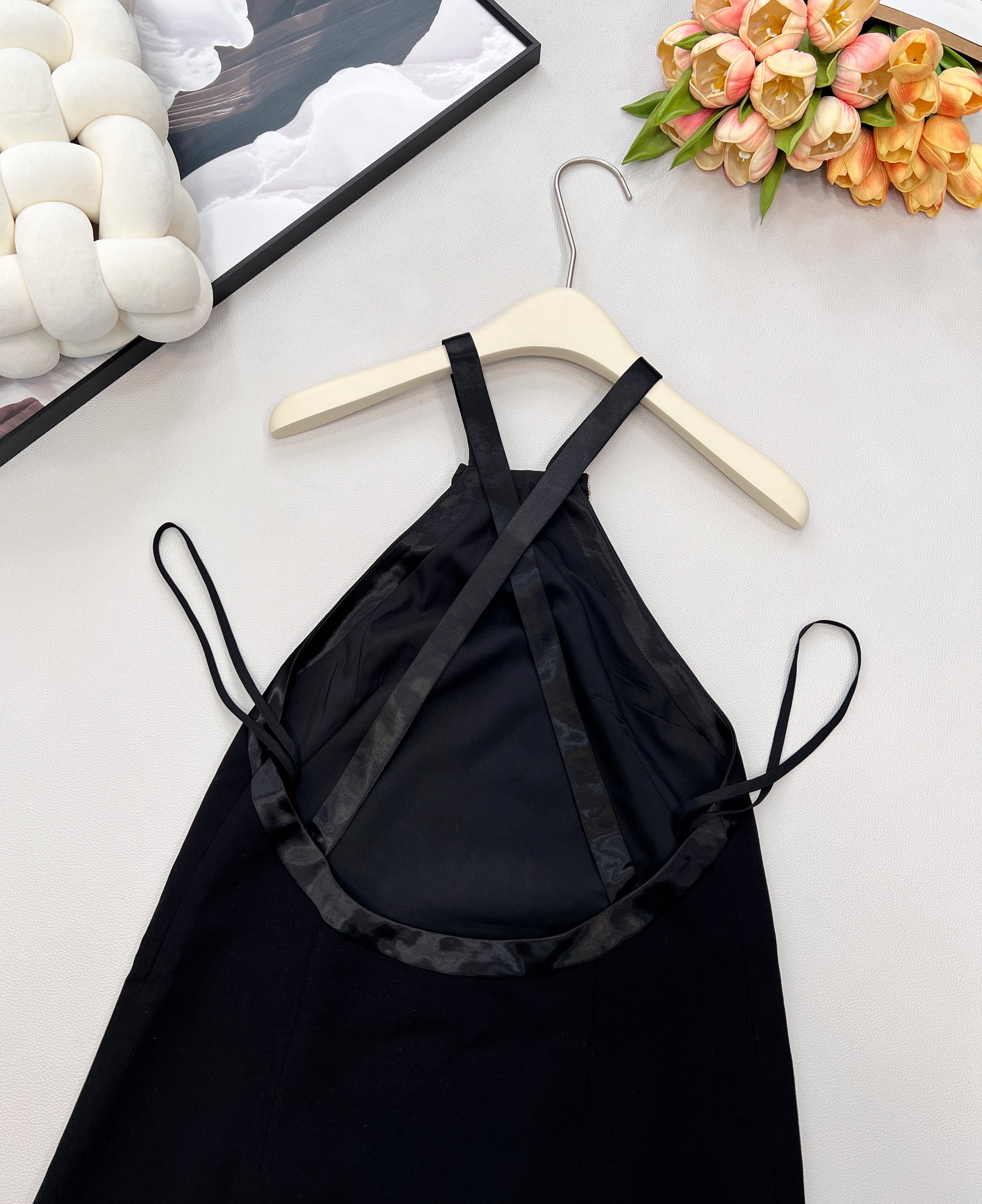 25Fw Autumn/Winter New Style Heavy-duty Bow Rhinestone Black Suspender Mini Dress