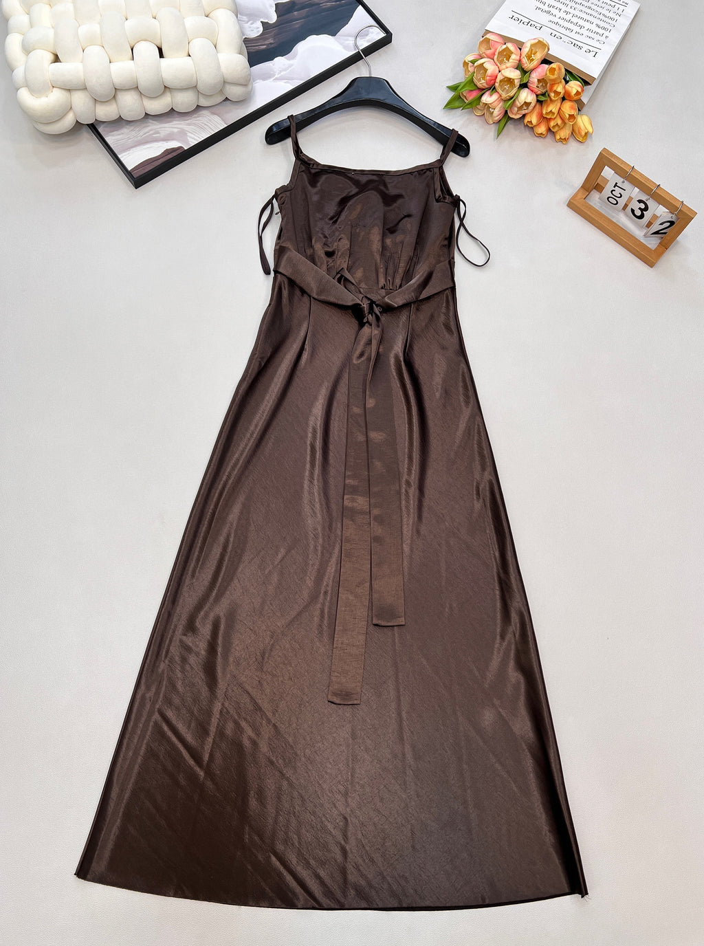 25FW Autumn/Winter New Bow Tie V-Neck Faux Acetate Suspender Dress