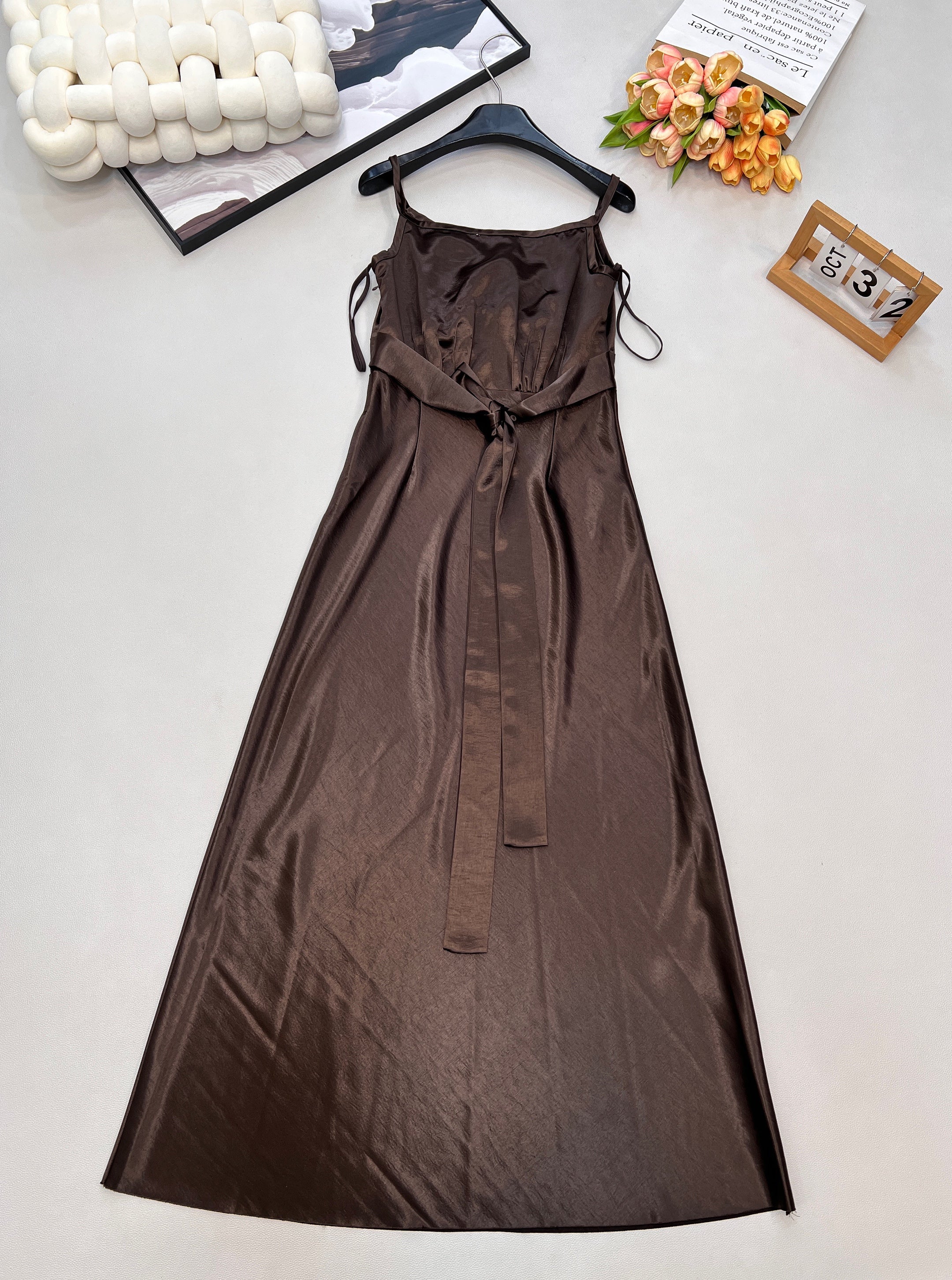 25FW Autumn/Winter New Bow Tie V-Neck Faux Acetate Suspender Dress