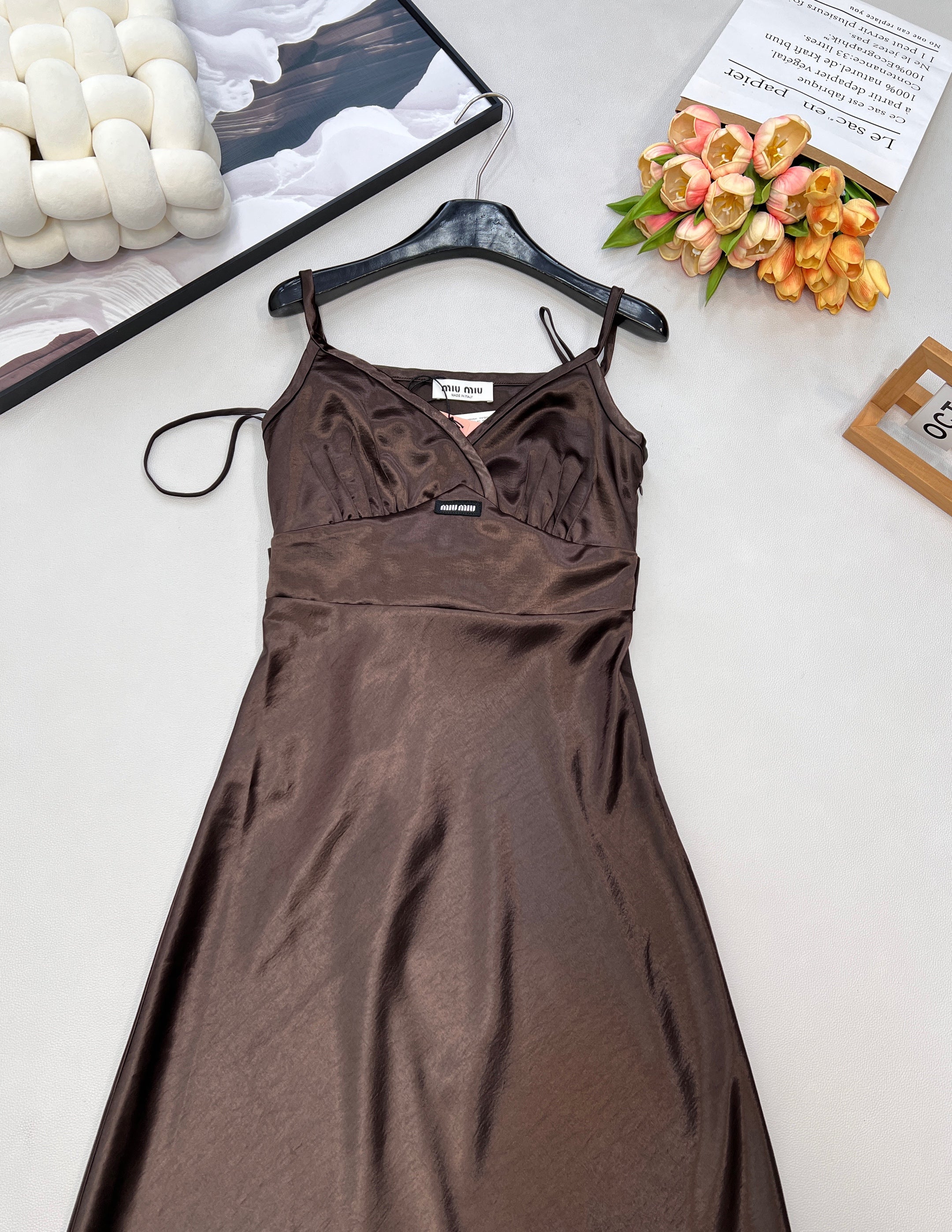 25FW Autumn/Winter New Bow Tie V-Neck Faux Acetate Suspender Dress