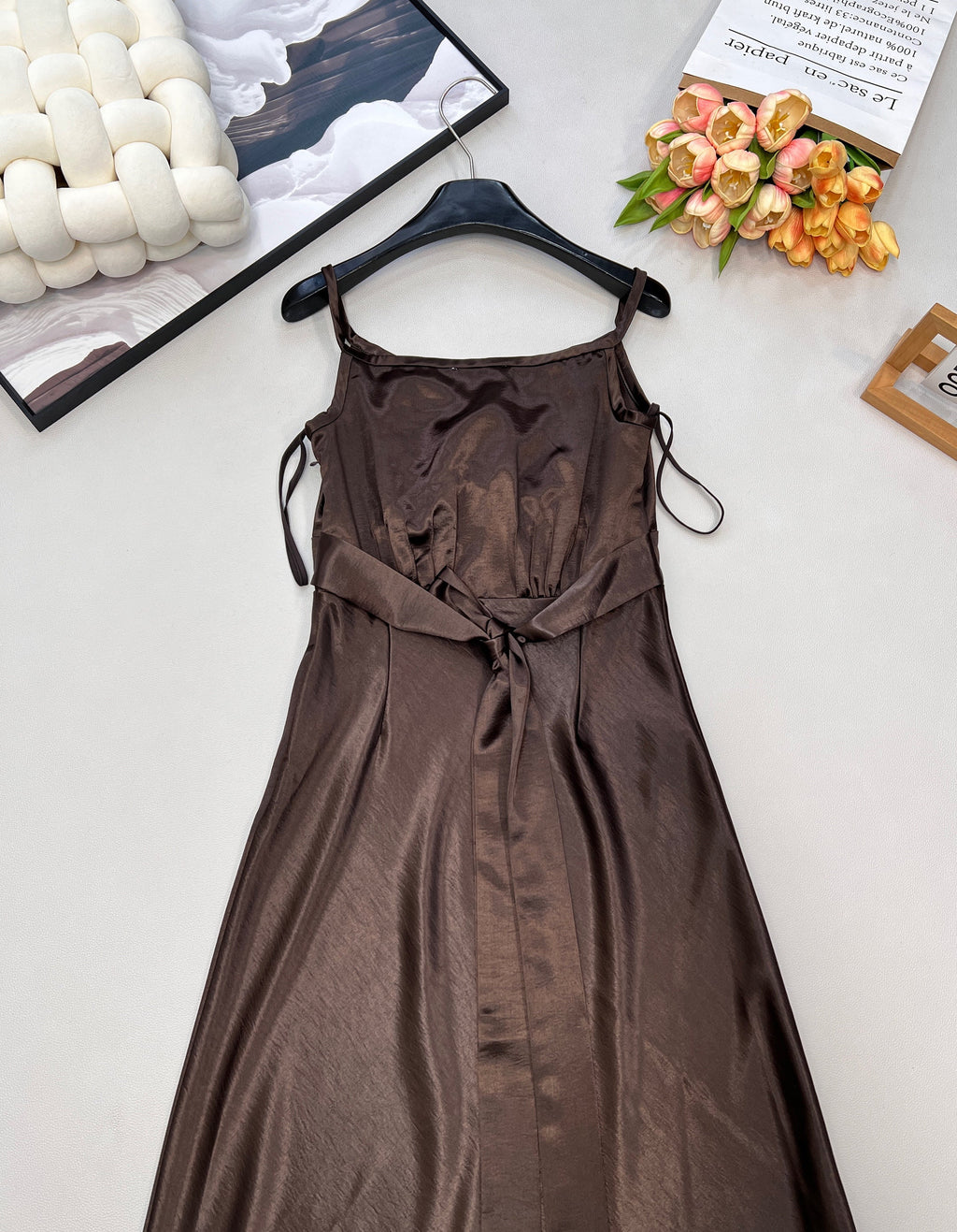 25FW Autumn/Winter New Bow Tie V-Neck Faux Acetate Suspender Dress