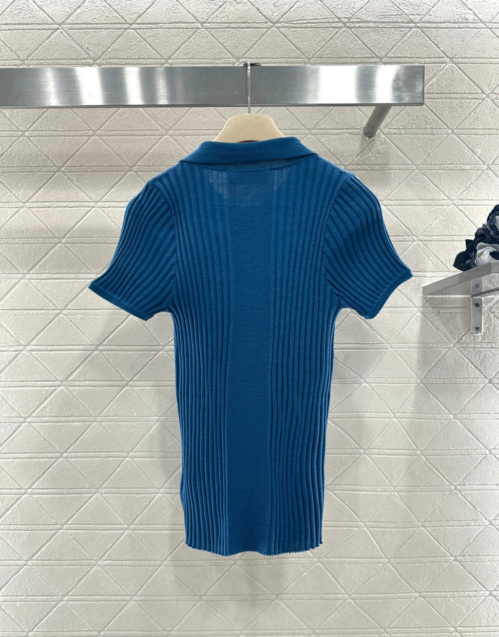 26NEW Collared Half-Open Placket Ribbed Short-Sleeve Knit