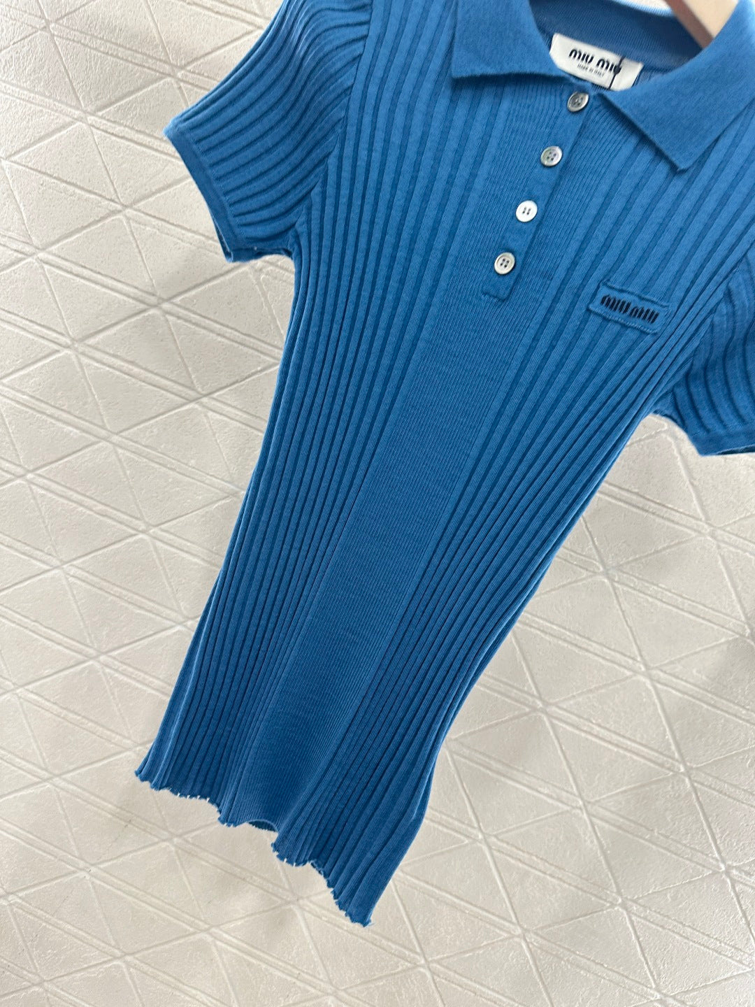 26NEW Collared Half-Open Placket Ribbed Short-Sleeve Knit