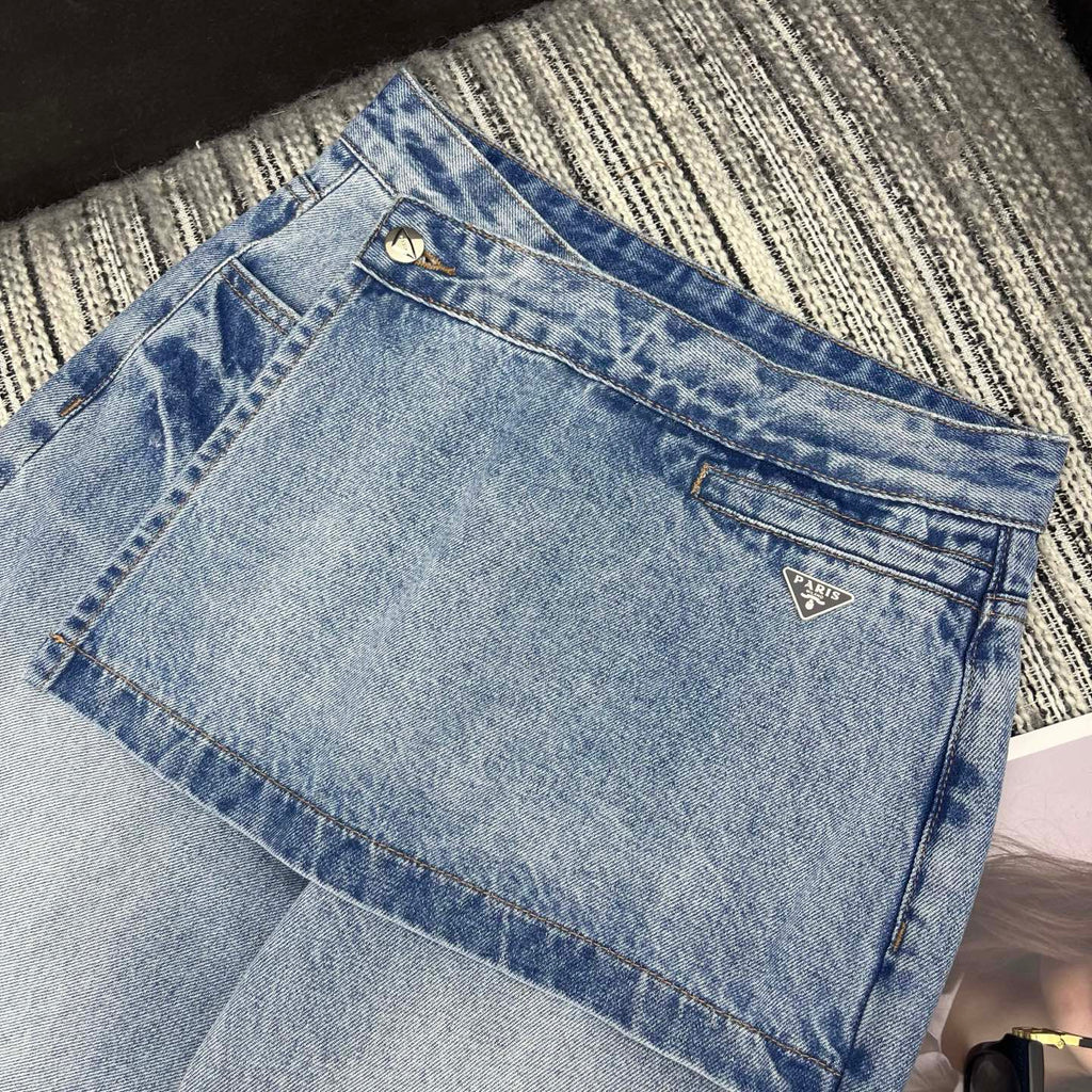 26NEW Faux Two-Piece Denim Mini Skirt and Wide-Leg Pants