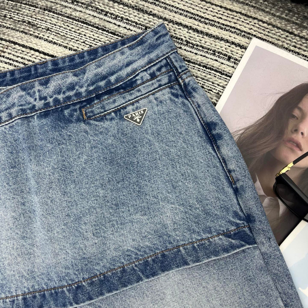 26NEW Faux Two-Piece Denim Mini Skirt and Wide-Leg Pants