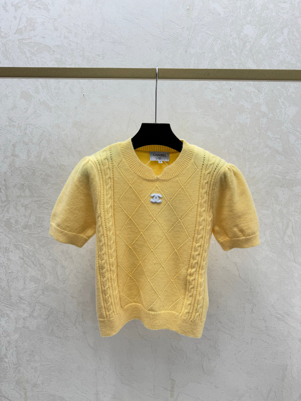 26NEW Solid Color Diamond Pattern Crew Neck Knit Short Sleeve