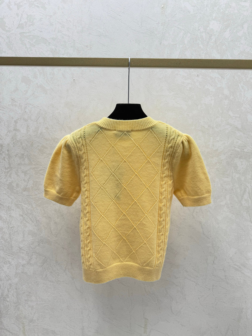 26NEW Solid Color Diamond Pattern Crew Neck Knit Short Sleeve