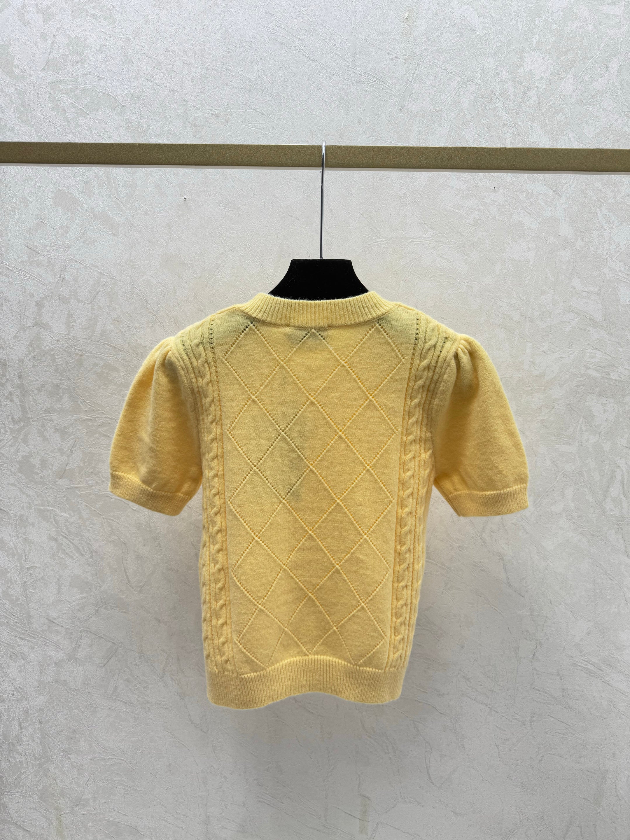 26NEW Solid Color Diamond Pattern Crew Neck Knit Short Sleeve