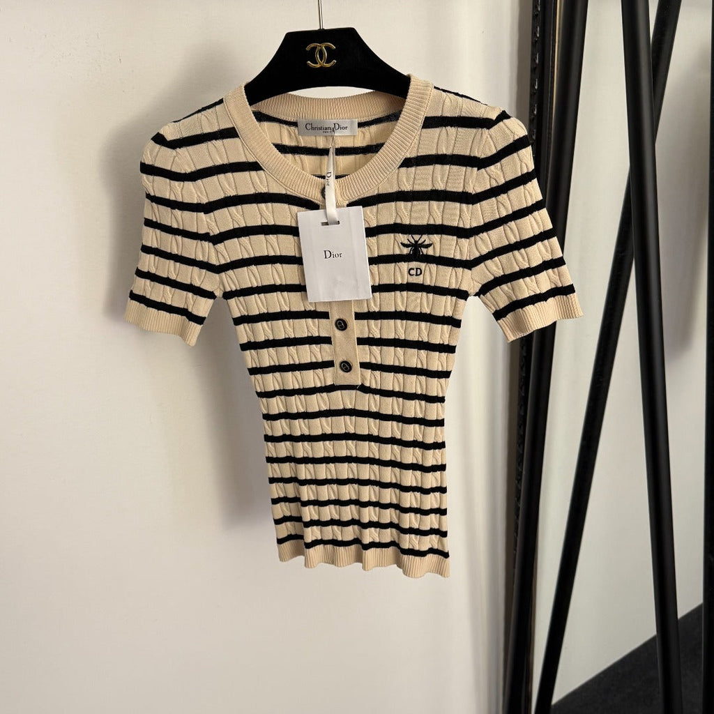26NEW Bee Embroidery Half-Button Striped Short-Sleeve T-Shirt