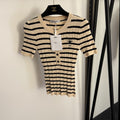 26NEW Bee Embroidery Half-Button Striped Short-Sleeve T-Shirt
