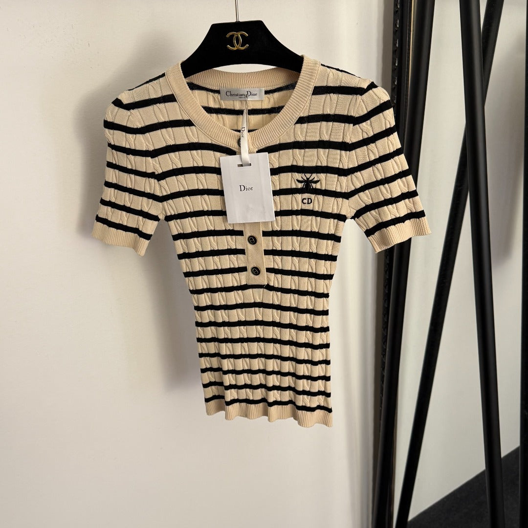 26NEW Bee Embroidery Half-Button Striped Short-Sleeve T-Shirt