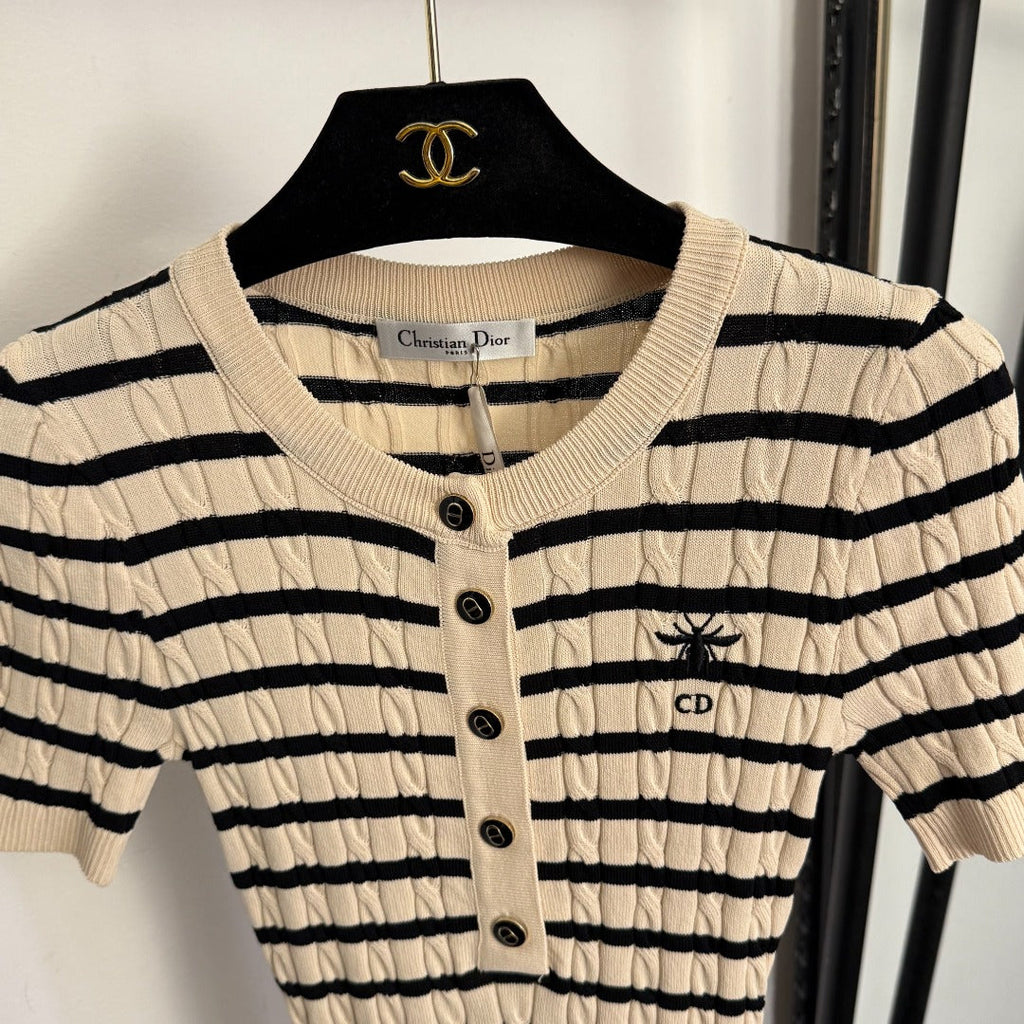 26NEW Bee Embroidery Half-Button Striped Short-Sleeve T-Shirt