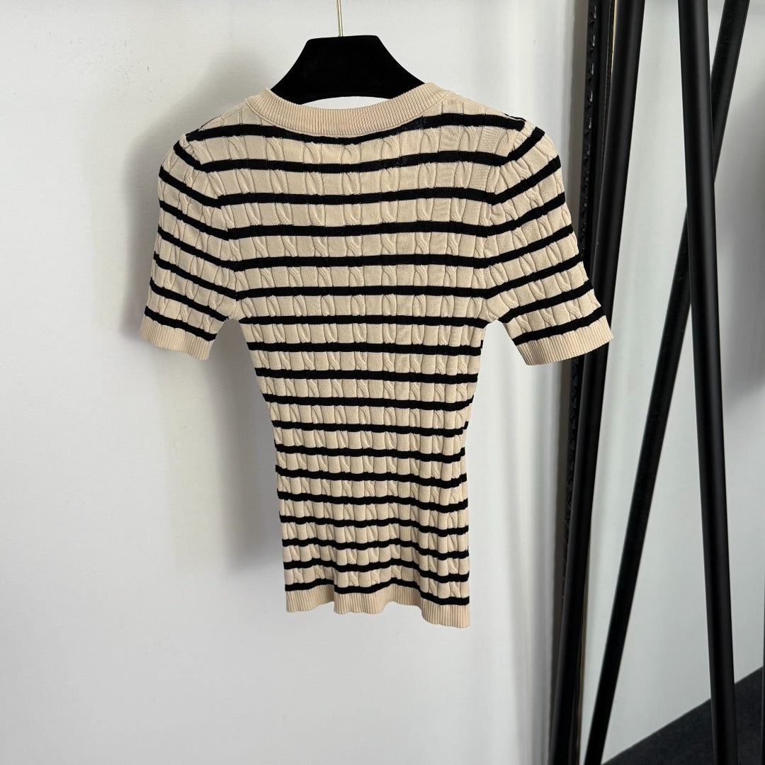26NEW Bee Embroidery Half-Button Striped Short-Sleeve T-Shirt